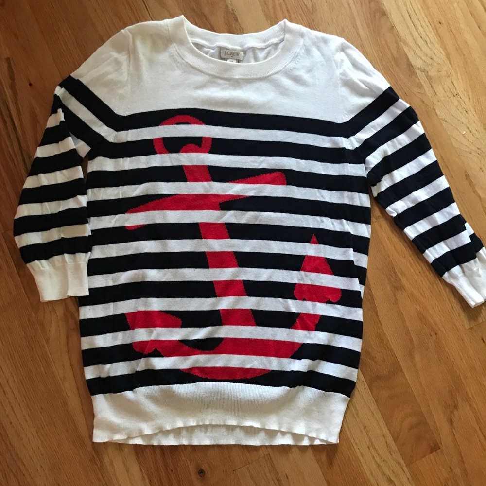 J. Crew White Navy Stripe Sweater with Red Anchor